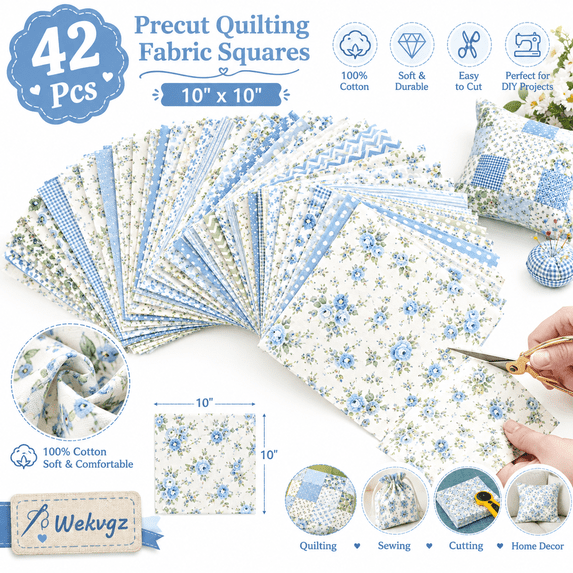 42Pcs 10"x10" Quilting Fabric Squares Precuts 100% Cotton Floral Fabric Bundles for Patchwork, Sewing and DIY Crafts Style 7