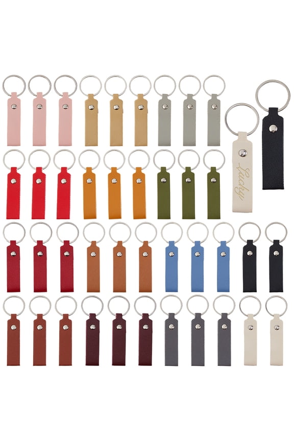 42Pcs 14 Colors Leather Keychain 37.4 Inch Laser Engraving Keychain Rectangle PU Key Fobs with Key Rings Blanks Leather Keychains