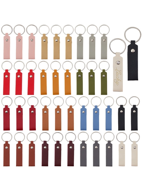 42Pcs 14 Colors Leather Keychain 37.4 Inch Laser Engraving Keychain Rectangle PU Key Fobs with Key Rings Blanks Leather Keychains