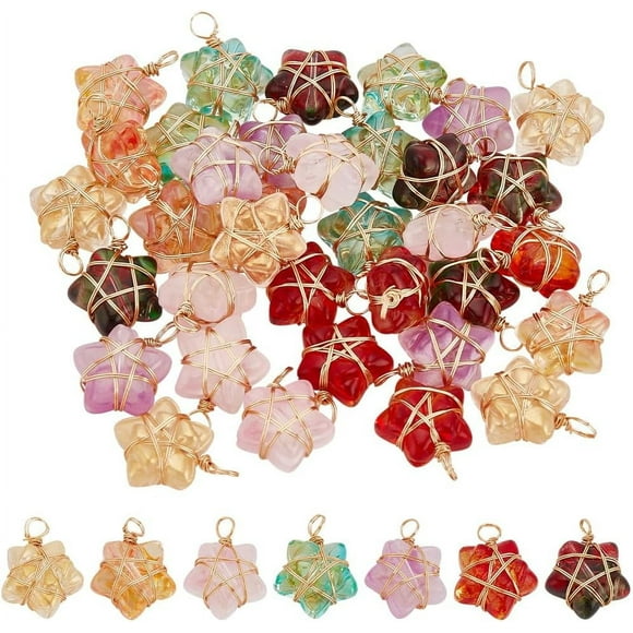 42Pcs 19mm Wire Wrapped Star Pendants 7 Colors Star Glass Charm Crystal Dangle Charms for DIY Necklace Bracelet Earrings Jewelry Making Hole:3.6mm
