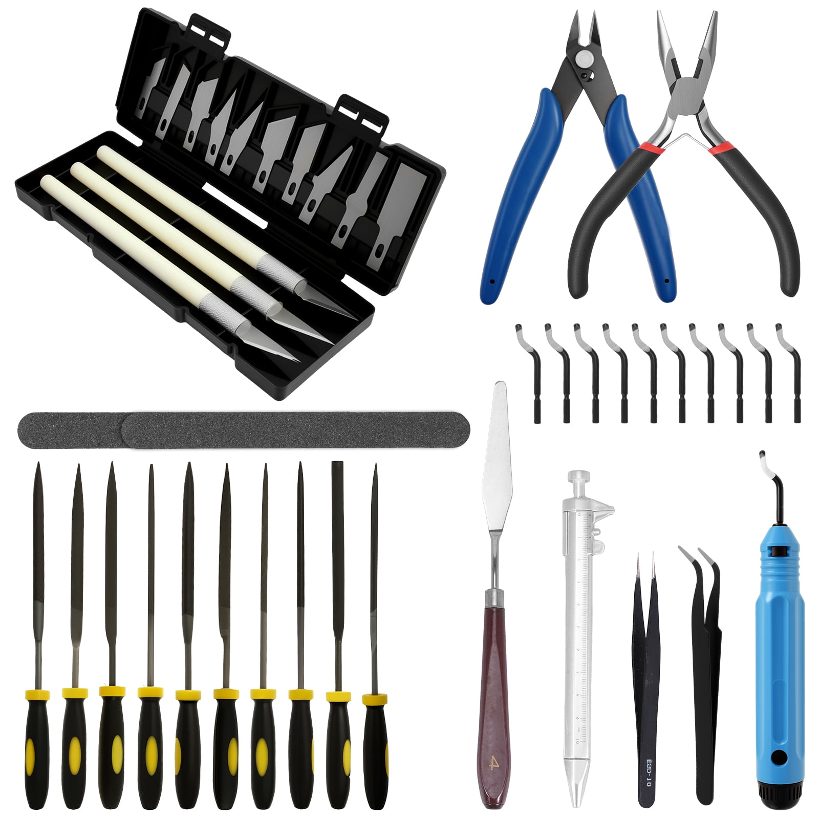 42Pcs 3D Printer Tool Kit Multipurpose 3D Printer Accessories Set with Files Tweezers Needle Nosed Pliers for Deburring Engraving Trimming