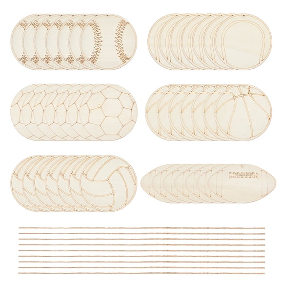 42Pcs 6 Styles Sports Theme Wooden Cutouts 2mm Thick Football BaseBall Painting Graffiti Wood Chips Unfinished Wooden Basketball Cutouts
