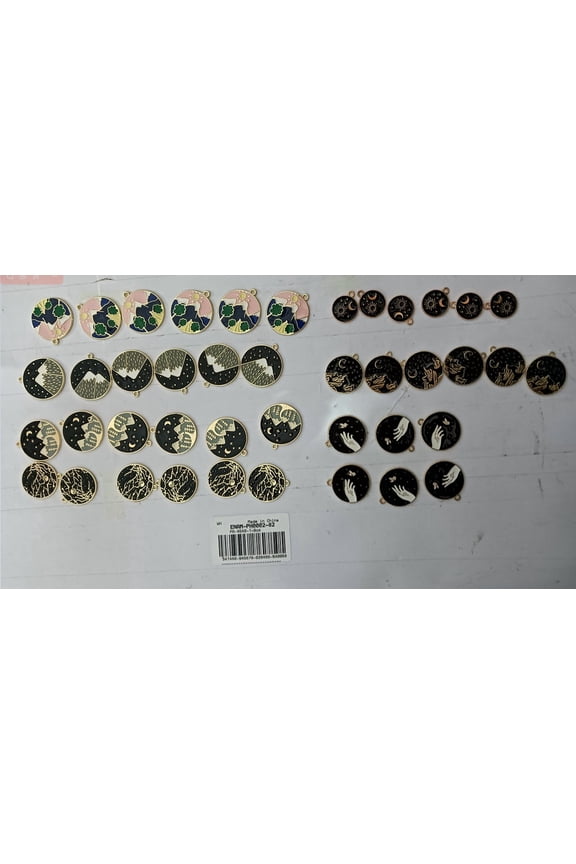 42Pcs 7 Styles Alloy Enamel Pendants Flat Round Black Charms Forest Mountain Hand Branch Charms for DIY Bracelets Earrings