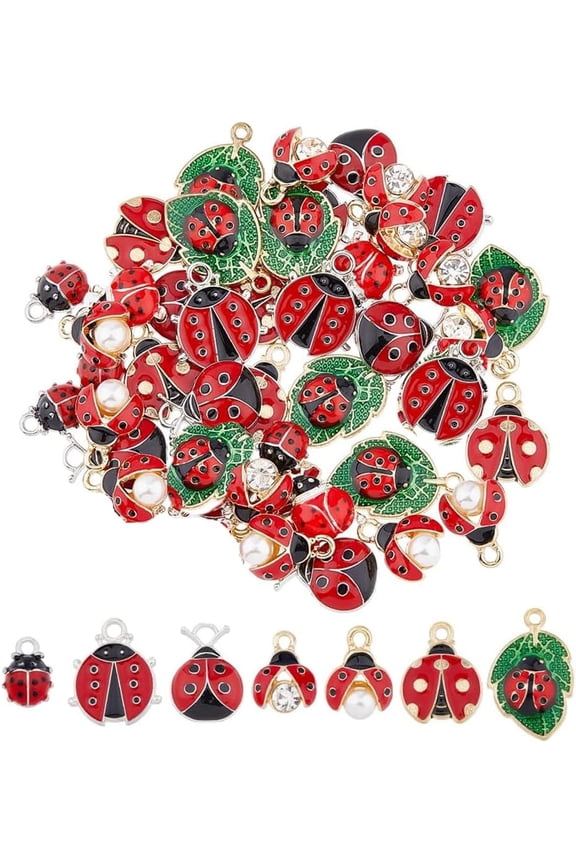42Pcs 7 Styles Alloy Enamel Pendants Ladybug Charm Mixed Color 12.5~23x9~16x1.5~7mm Hole: 1~2.5mm 6pcs/style