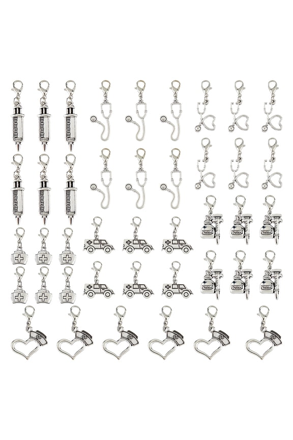 42Pcs 7 Styles Clip on Charms Alloy Docorative Charms with Lobster Clasp Zipper Pull Pendants Nurse Bag Keychains Ornament Metal Pendants for DIY