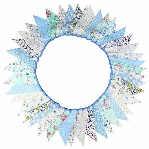 42Pcs Colorful Floral Bunting Banner, 12M/39.3FT Wave Single Layer Cotton Fabric Triangle Flags, Photo Backdrop for Birthday Party, Western Wedding & Event Decoration(Blue)