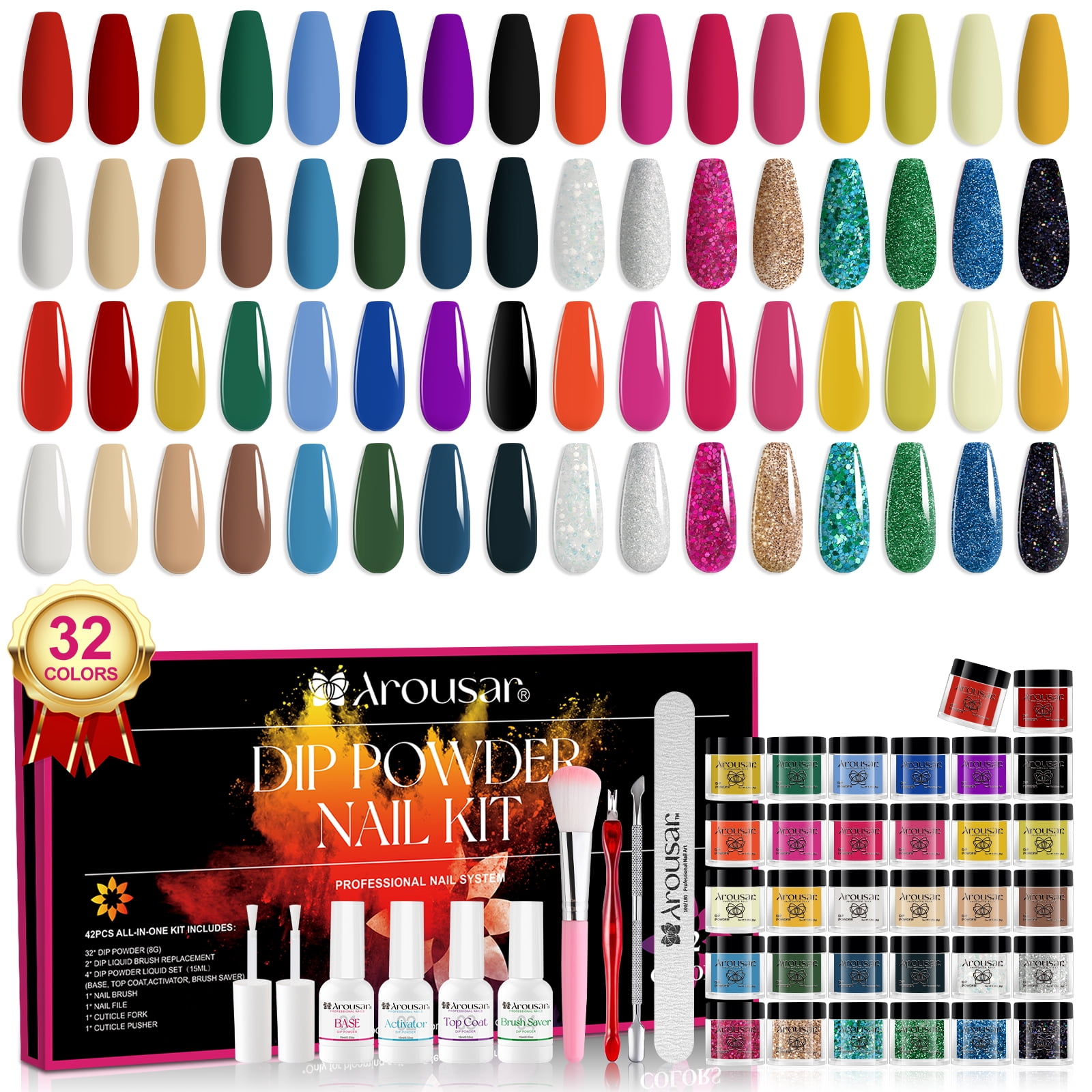 Arousar 42Pcs Dip Powder Nail Kit Starter, 32 Colors Fall/Winter Glitter Dipping Powder Liquid Set with Base &Top Coat Activator French Nail Art Manicure DIY Salon Gifts