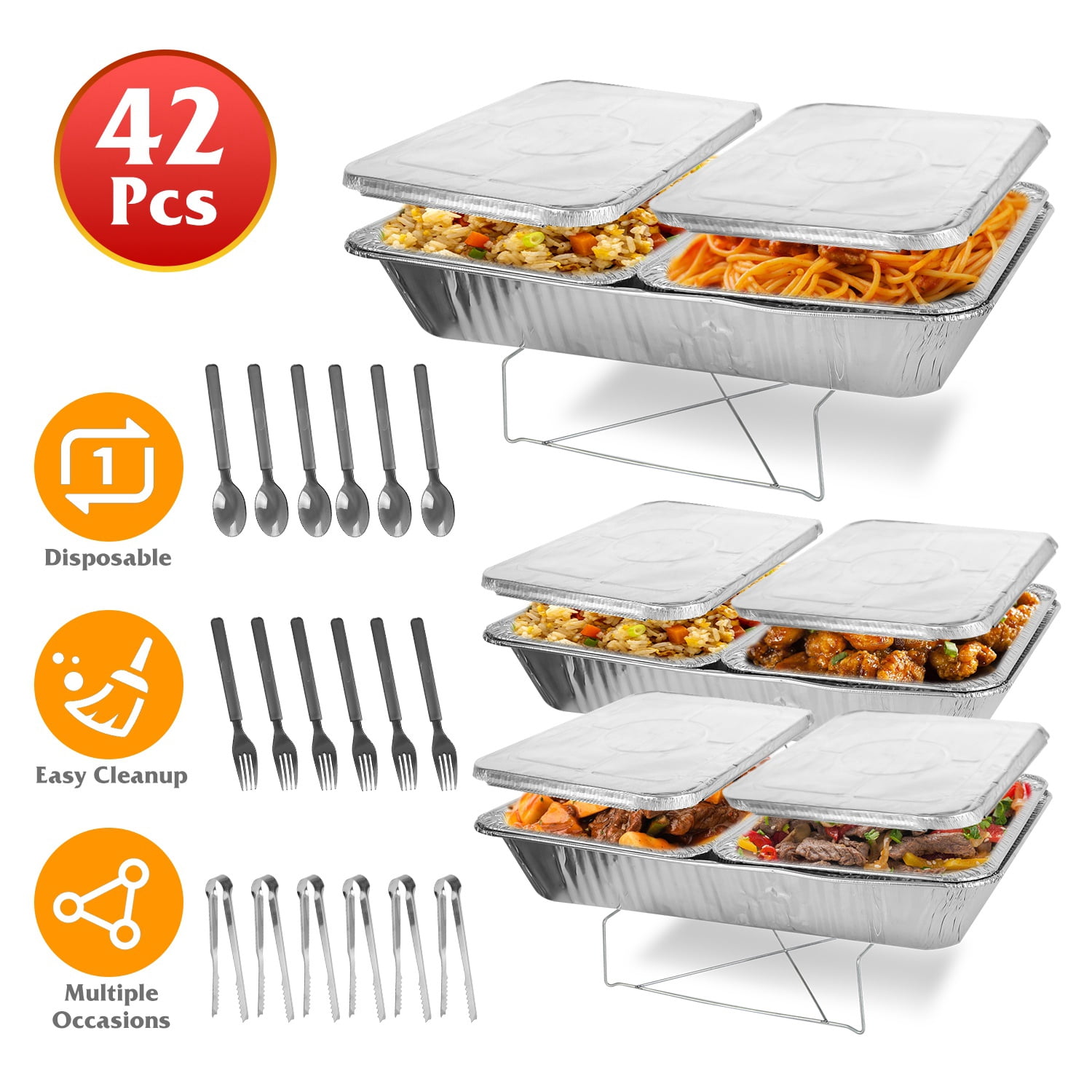 42Pcs Disposable Chafing Dish Buffet Set, Aluminum Foil Pans with Lids and Stands, Heat Resistant Catering Supplies for Weddings Parties Office Gatherings BBQs