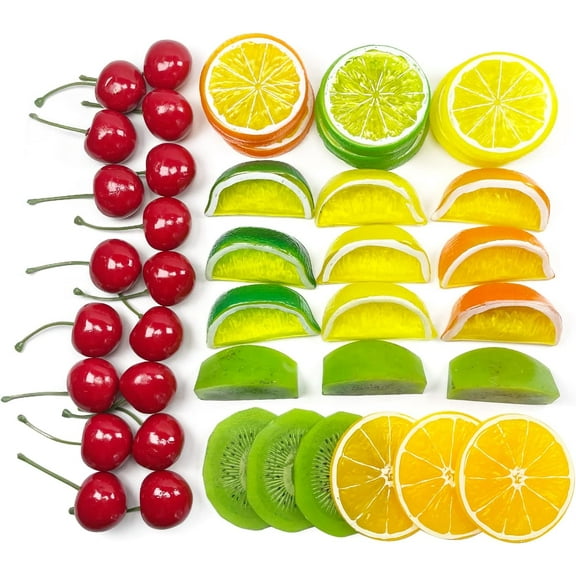42Pcs Fake Fruit Slices, Fake Cherries Lemon Lime Slices Wedges Artificial Kiwi Orange Slices Decor Party, Lifelike Fruit for Home Kitchen Wedding Decoration Props