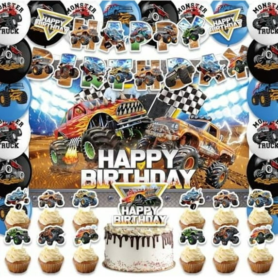 42Pcs Monster Truck Party Supplies Set Include Monster Truck Balloons,Banner,Cake Topper,Backdrop for Boys Monster Truck Birthday Decorations$$Home Decor, Kitchen, & Other