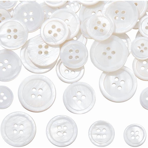 42Pcs Natural Shell Buttons 4 Holes Seashell Mother of Pearl White Flat Round Sewing Buttons for Cloth Coats Suits Jacket Blazers Jeans Skirts Craft Making Decorations 12/15/18/19.5mm for DIY