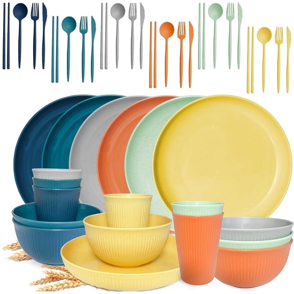 42Pcs Wheat Straw Dinnerware Sets, Unbreakable Plates and Bowls Sets, Eco Friendly Non Breakable Dinnerware, Dishwasher Microwave Safe Dinnerware