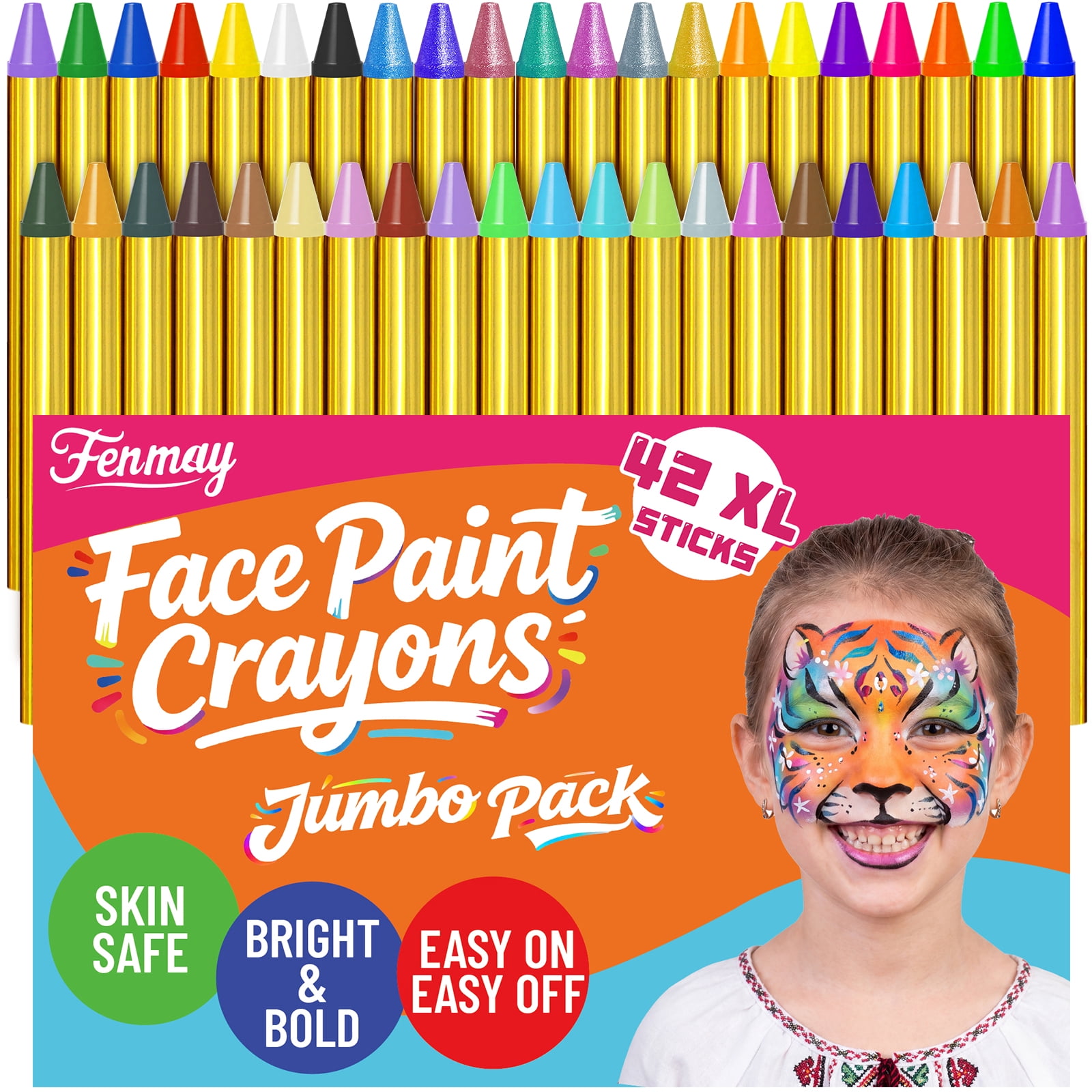 Fenmay 42Pcs XL Face Paint Crayons Halloween Makeup Kit for Kids, Non-Toxic Sensitive Skin Safe, Vibrant Party Cosplay Easter