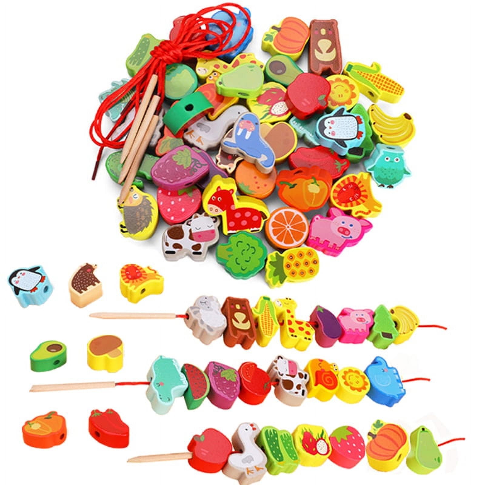 Wooden Montessori Beads Threading Beads String Beads Lacing Beads and String  for Toddlers Kids Fine Motor Skills Waldorf Gift Toys 9 Pcs 