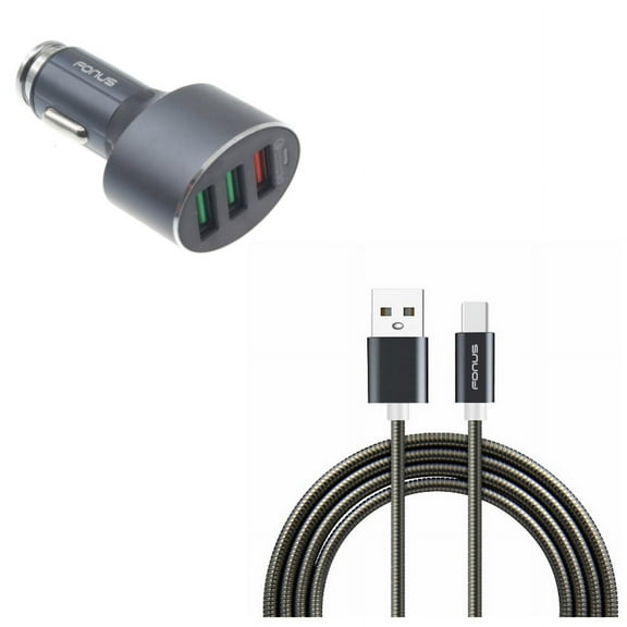 42W Quick Car Charger w 3ft Metal USB Cable for OnePlus 9, Nord N200 5G/N100/N10 5G, Pro Phone - 3-Port USB Power Adapter, Type-C Charger Cord Power B9V for OnePlus 9, Nord N200 5G/N100/N10 5G, Pro