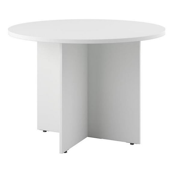 42W Round Conference Table with Wood Base in White - Engineered Wood