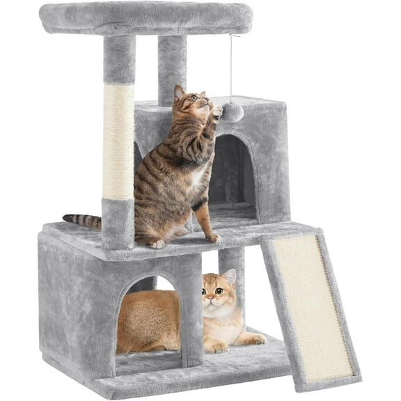 42in Cat Tree Tower with Scratching Posts, Plush Condo, Ramp & Perch, Multi-Level Climber for Indoor Cats & Kittens, Light Gray