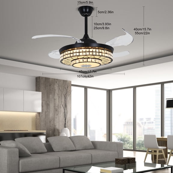 42in Ceiling Fan Light LED 4 Retractable Blades Bluetooth Music Speaker 7-Color W/ Remote