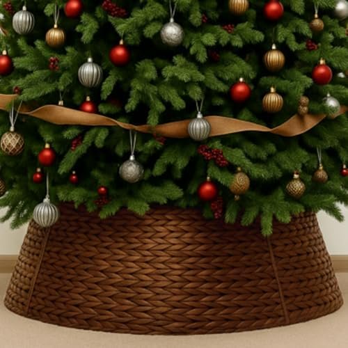 42in Christmas Tree Collar, Christmas Tree Base Cover Skirt, Extra Large Water Hyacinth Holiday Stand Collar, 5-piece Rattan Wicker Skirt Accessory for Home Xmas Decoration