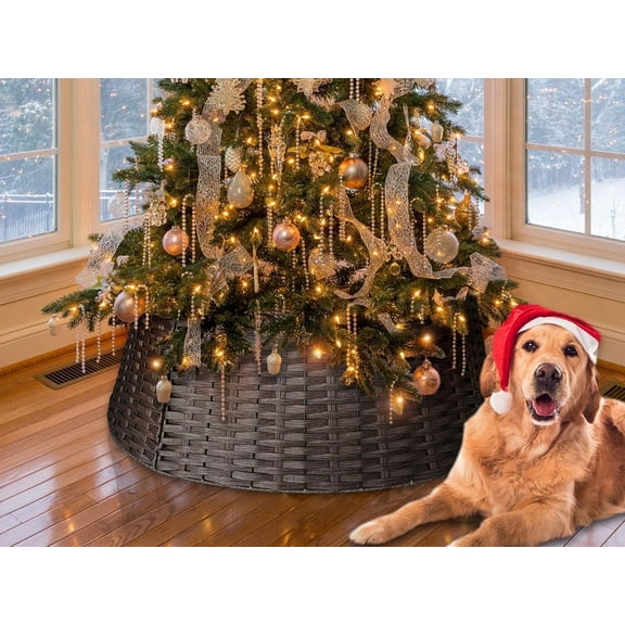 42in Extra Large Tree Collar, Christmas Tree Decorations for 9-12 ft Tree, Boho Rustic Holiday Decor Xmas Tree Ring, Basket Base Cover - Dark Brown Round