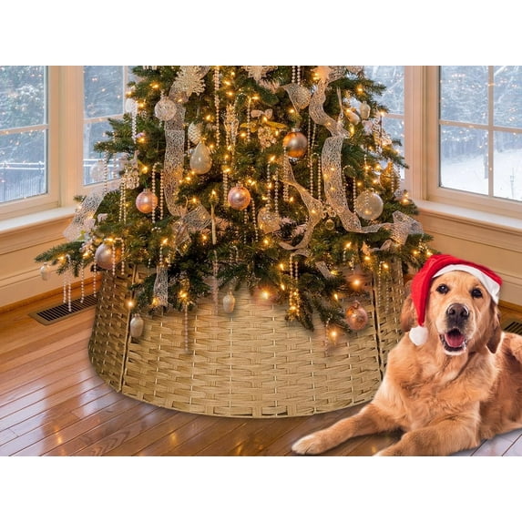 42in Extra Large Tree Collar, Christmas Tree Decorations for 9-12 ft Tree, Boho Rustic Holiday Decor Xmas Tree Ring, Basket Base Cover - Light Brown Round