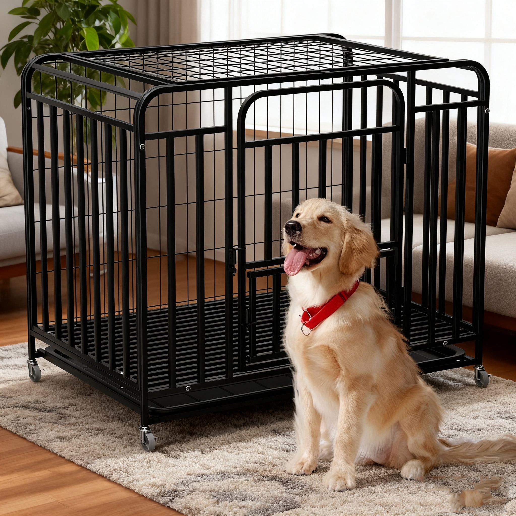 42in Heavy Duty Dog Crate for Large Dogs, Dog Kennel Indoor with Removable Tray and Lockable Wheels, Easy to Clean, XL Dog Cage for Large and Medium Dogs