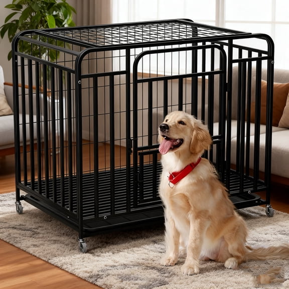 42in Heavy Duty Dog Crate for Large Dogs, Dog Kennel Indoor with Removable Tray and Lockable Wheels, Easy to Clean, XL Dog Cage for Large and Medium Dogs