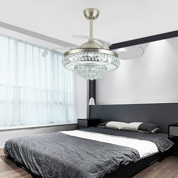 42in LED Crystal Chandelier Invisible Ceiling Fan Light Retractable Blade+Remote