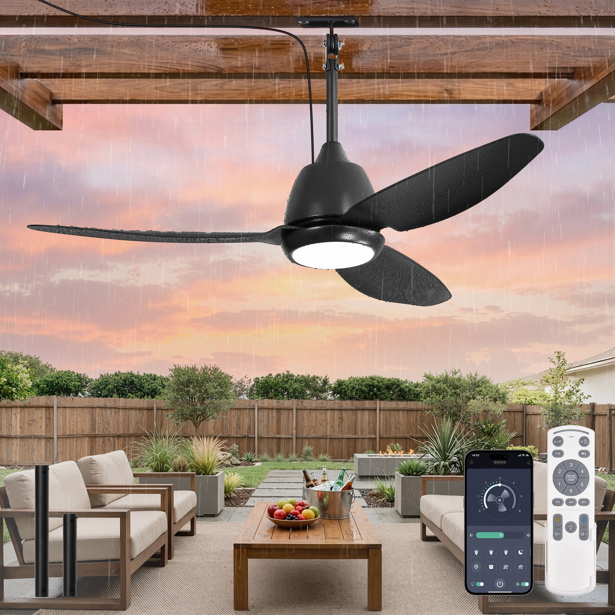 Lokivas 42" Black Waterproof Outdoor Gazebo Ceiling Fan with Light, Quiet 6 Speeds, APP & Remote, IP65 Plug-in DC Motor, Dimmable 3CCT, Hanging Cord for Patio Porch