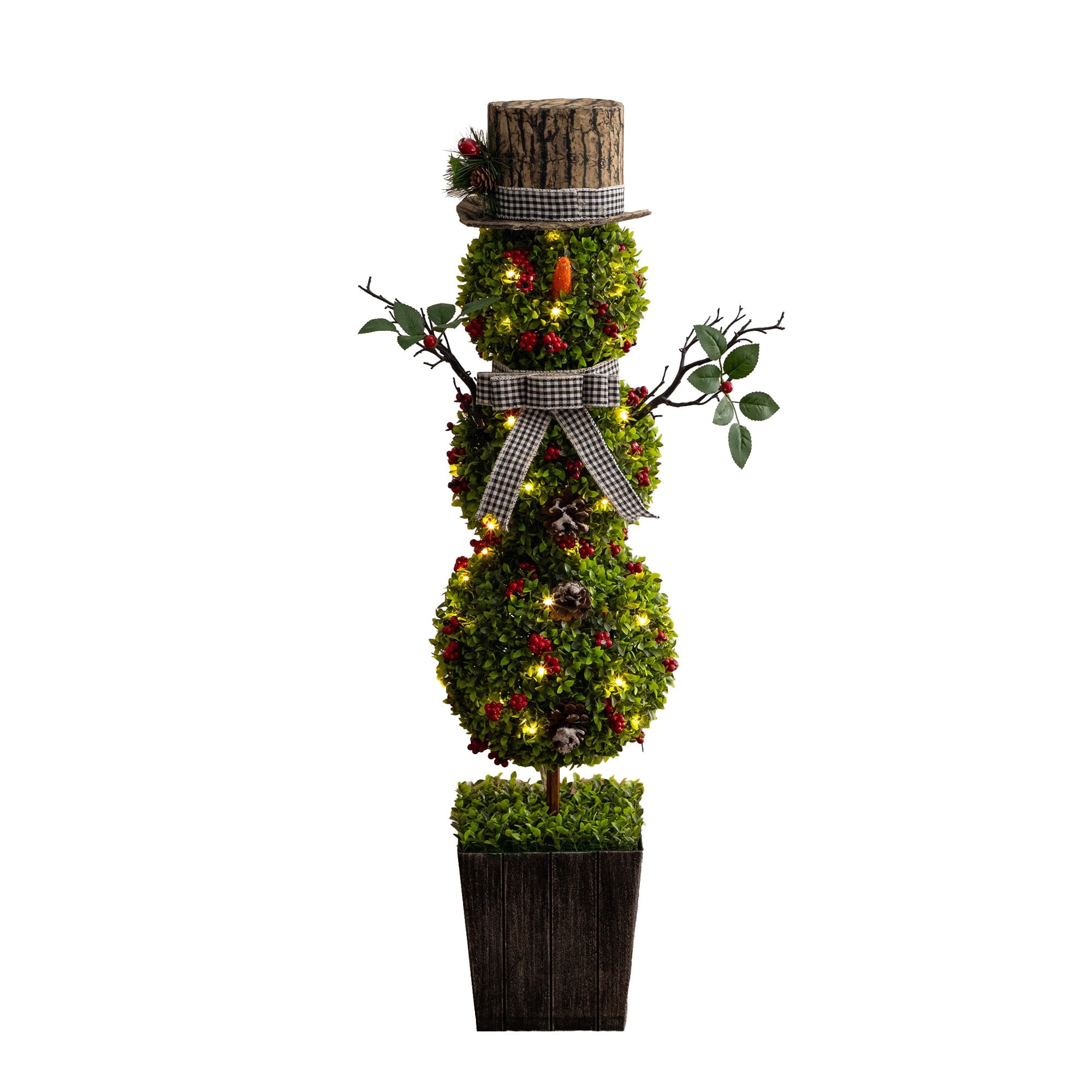 42in. Pre-Lit Artificial Christmas Boxwood Snowman Topiary Tree with 45 LED Lights in Decorative Planter