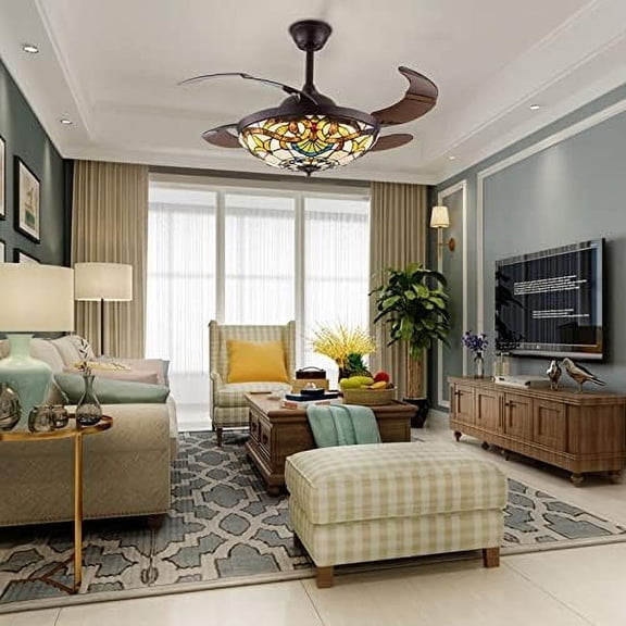 42in Tiffany Ceiling Fans with Light Retractable Ceiling Fan Remote Control Invisible Chandelier Fan with 3 Color and 3 Speed for Bedroom Dining Living Room$$Tools & Hardware Other