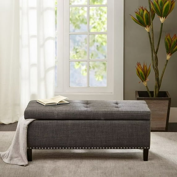 42inch End of Bed Bench with Storage, Button Tufted Storage Ottoman Bench with Safety Close Hinge, Storage Ottoman with Nailhead Trims for Bedroom Living Room Entryway Hallway, Charcoal