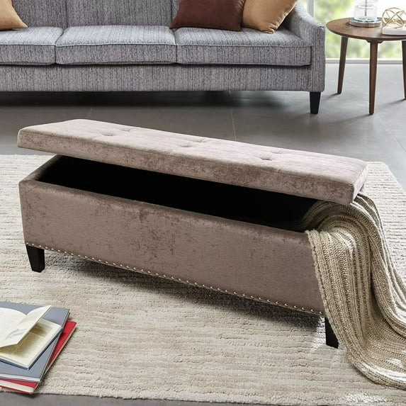 42inch End of Bed Bench with Storage, Button Tufted Storage Ottoman Bench with Safety Close Hinge, Storage Ottoman with Nailhead Trims for Bedroom Living Room Entryway Hallway, Support 400LBS, Taupe