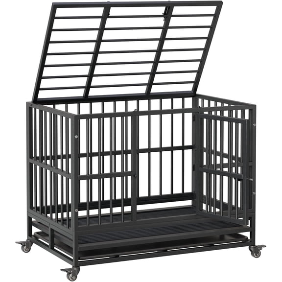 42inch Heavy Duty Indestructible Dog Crate Steel Escape Proof,Indoor Dog House High Anxiety Cage,Kennel with Wheels,Removable Tray