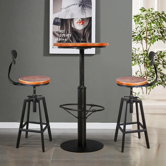 42inch Vintage Bar Table with Set of 2 Bar Stools with Back(25-32inch Height Adjustable) Industrial Farmhouse Style Bistro Pub Table for Home Kitchen Dinning Room
