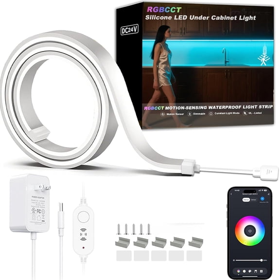42inch WiFi Night Light Radar Motion Sensor Silicone LED Under Cabinet Lights RGB CCT White 2700K-6500K, Waterproof, APP Control, Dimmable Timing, for Google Home Alexa, Kitchen, Counter