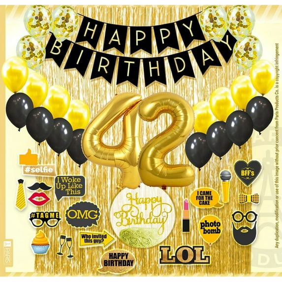 42nd Birthday Decoration Black and Gold for Boy & Girl, 42nd Cake Topper, 42nd Party Supplies for Her and Him, 42nd Birthday Photo Props