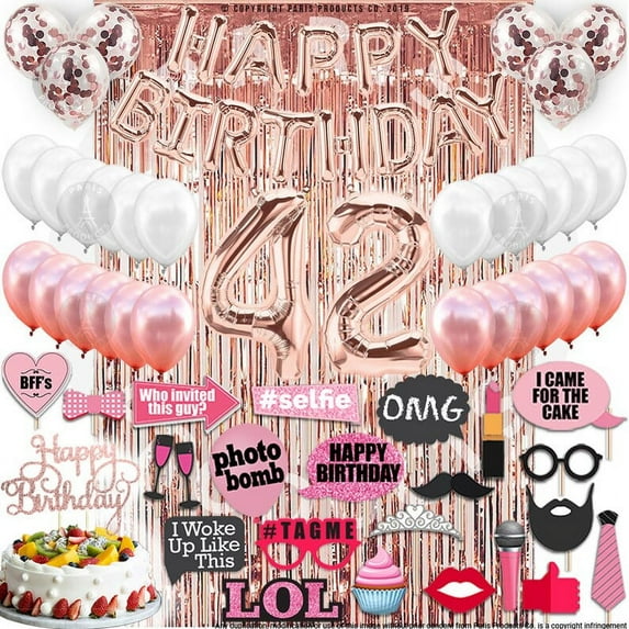42nd Birthday Decoration Rose Gold, 42 Party Supplies Decoration, 42nd Sash, 42 Cake Topper, 42nd Photo Props, confetti Balloons, Curtain