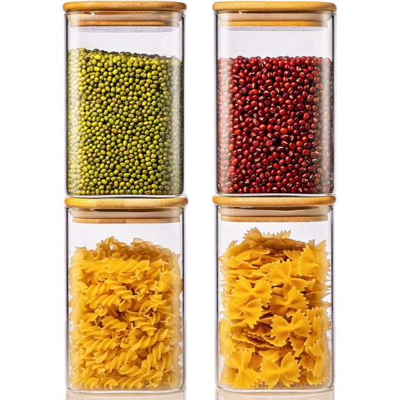 42oz - 4 Pack Square Glass Jars with  , Glass  Storage Containers with Airtight  for Kitchen, Air Tight Pantry Storage Containers for Cereal, Pasta, Rice, Sugar, Coffee,