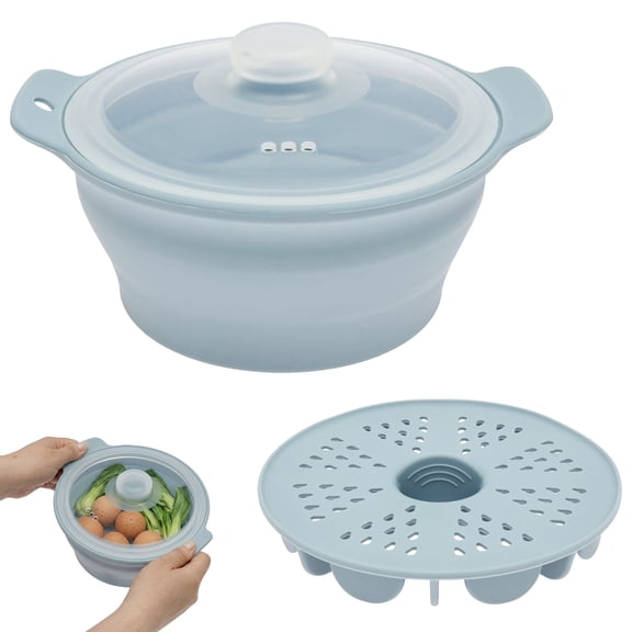 42oz Silicone Microwave Steamer For Cooking Collapsible Food Steamer For Vegetable Seafood Soup Leftover Rice Cooker Small Steam Pot with Handle Lid Dishwasher Safe Blue