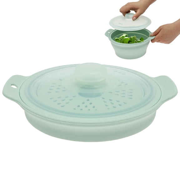 42oz Silicone Microwave Steamer For Cooking Collapsible Food Steamer For Vegetable Seafood Soup Leftover Rice Cooker Small Steam Pot with Handle Lid Dishwasher Safe Green