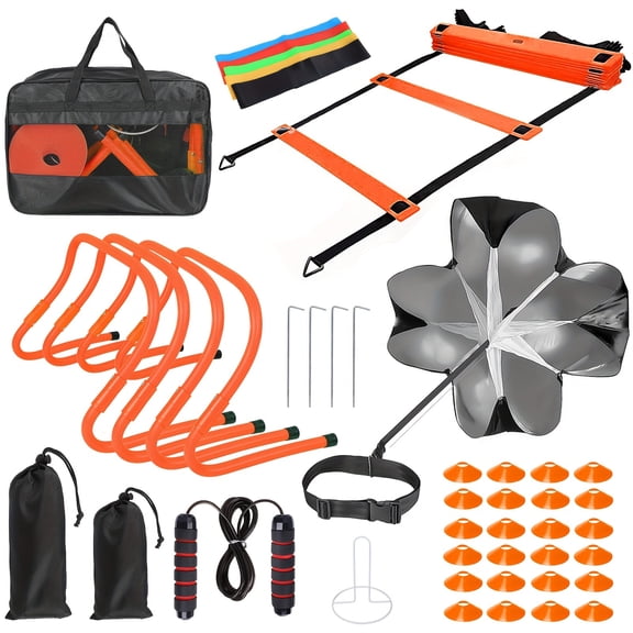 42pcs Agility Ladder Football Training Equipment Set Include 4 Agility Hurdles 24 Cones Running Parachute 12ft Ladder