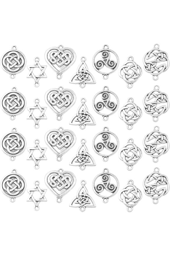 42pcs Antique Silver Celtic Knot Charms Irish Traditional Pendants Tibetan Alloy Flower Triangle Heart Knot Links Good Luck Chinese Knot Connectors for DIY Jewelry Making Bracelet, 7 Styles