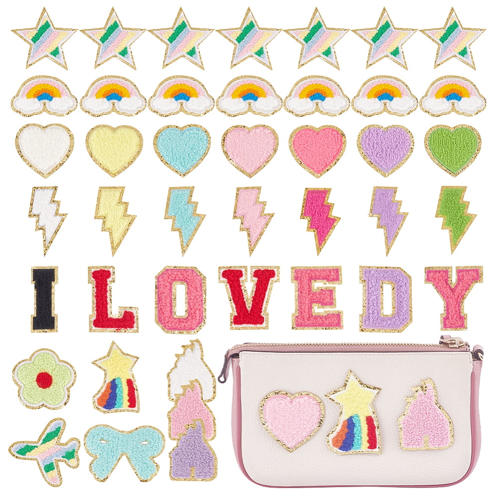 42pcs Chenille Patches Chenille Iron on Embroidered Patches Cute Self Adhesive Letter Patches Heart Patches Stick on Fabric Patches