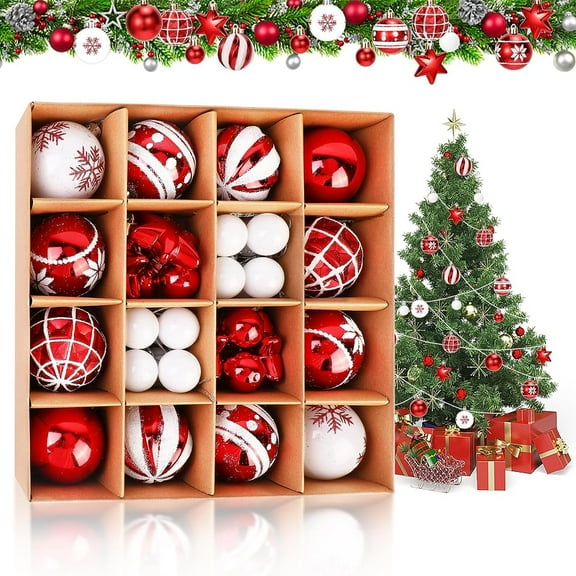 42pcs Christmas Baubles Ball Ornaments, 6cm Shatterproof Hanging Xmas Ball, Red,White