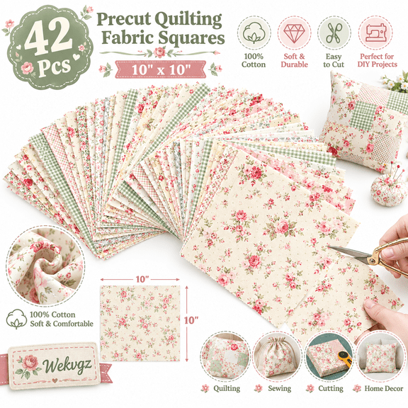 42Pcs 10"x10" Quilting Fabric Squares Precuts 100% Cotton Floral Fabric Bundles for Patchwork, Sewing and DIY Crafts Style 8