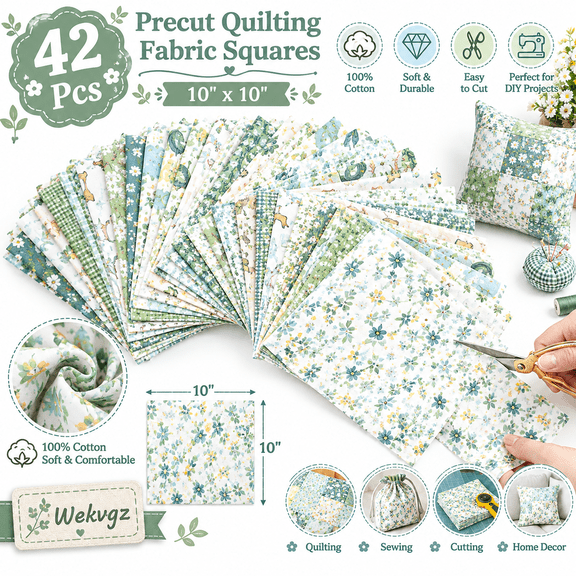 42Pcs 10"x10" Quilting Fabric Squares Precuts 100% Cotton Floral Fabric Bundles for Patchwork, Sewing and DIY Crafts Style 9