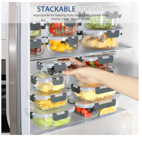 42pcs Glass Food Storage Containers with Lids Set, 21 Containers & 21 Lids Glass Meal Prep Containers with Snap Locking Lid Set, Leak Proof Lunch Container BPA-Free,Grey
