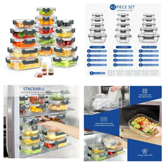 42pcs Glass Food Storage Containers with Lids Set, 21 Containers & 21 Lids Glass Meal Prep Containers with Snap Locking Lid Set, Leak Proof Lunch Container BPA-Free,Grey