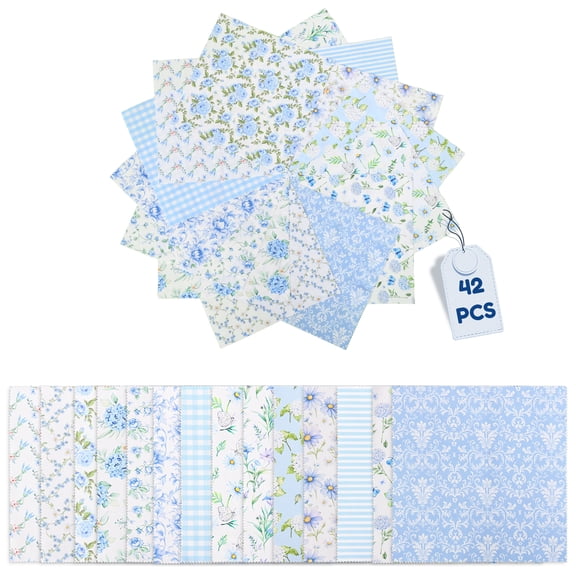 42pcs Hydrangea Polyester Cotton Fabric Bundle Watercolor Dusty Blue Flower Fat Quarter Plaid Stripe Sewing Fabric for DIY Craft Party Decor